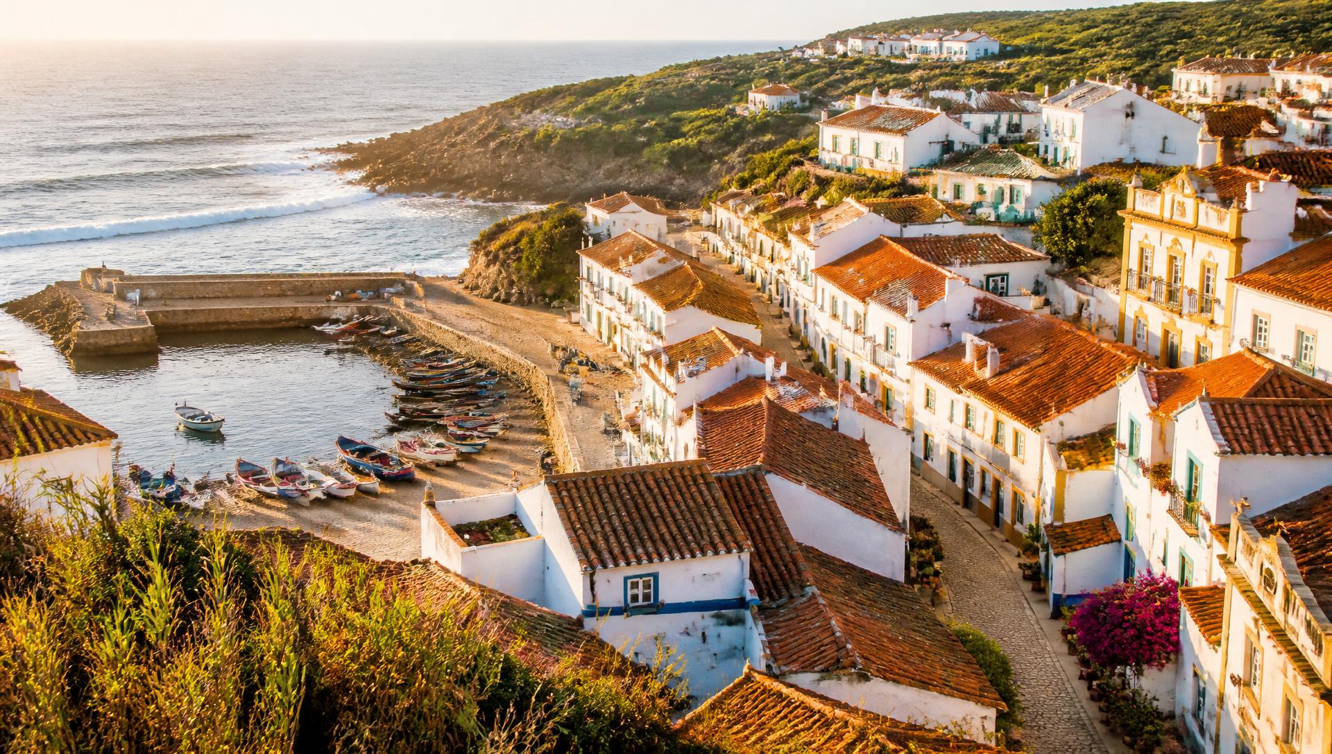 Portugees kustdorp bij gouden uur
